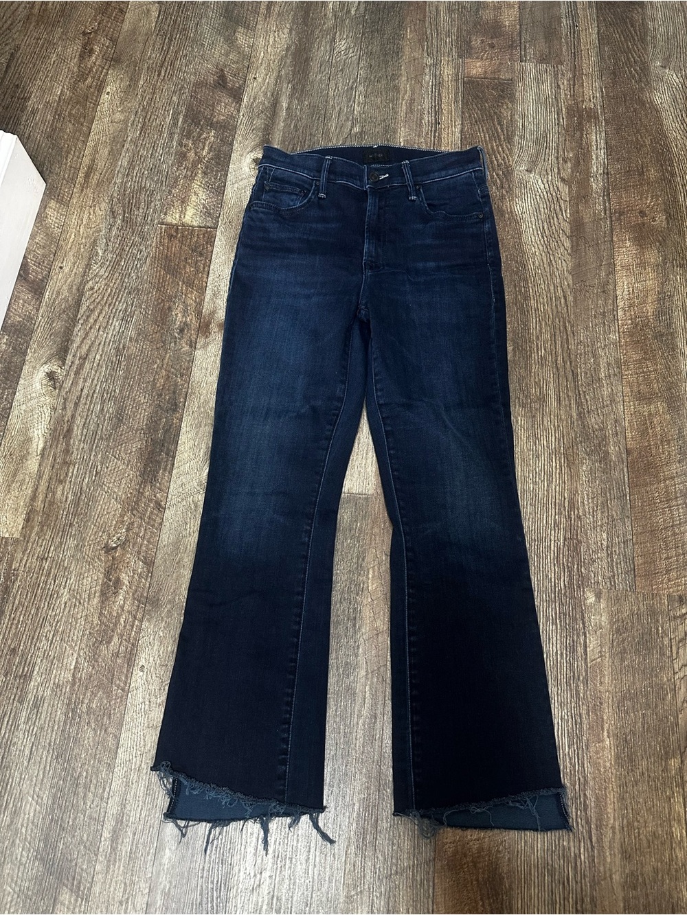 MOTHER Dark Indigo Flare Jeans with Frayed Hem